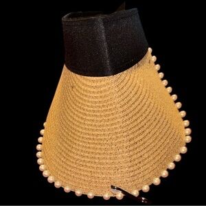 Nordstrom Tan and Black Wide-Brimmed Hat with Pom-Pom Trim